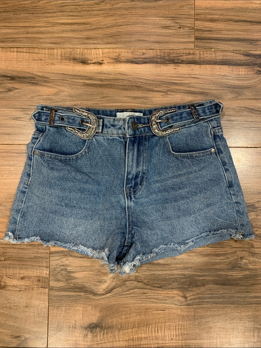 Women’s Austin Landing Blue Denim Cutoff Shorts Double Western Belt Buckle Waist